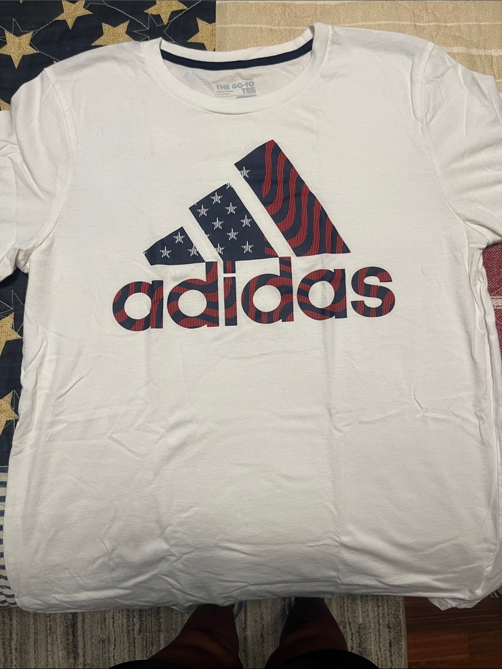 adidas White Tee with Red and Blue Flag Logo
